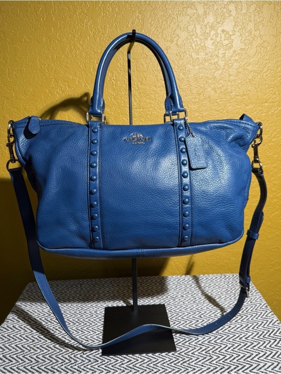 Coach Handbags - Coach Blue Pebble Leather Central Satchel with Studs